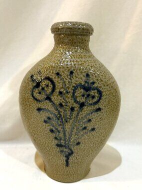 Rowe Pottery Works Hand Made Flask Vase Vintage 1998 Blue Salt Glaze Floral